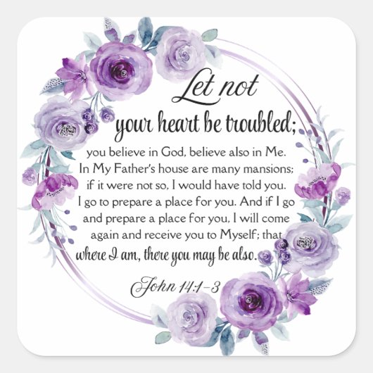 ヨハネ14:1-3聖書の聖句パープルフローラ スクエアシール (正面)