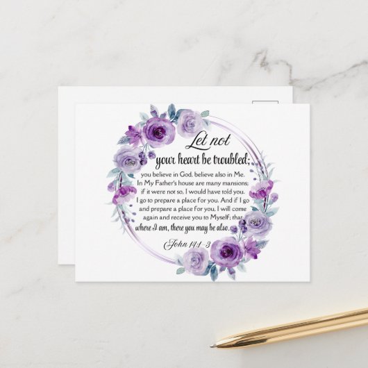 ヨハネ14:1-3聖書の聖句パープルフローラ ポストカード (正面/裏面インサイチュ)