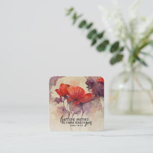 ヨハネ15:12互いに愛し合う聖書の聖句レッドフローラ スクエア名刺 (スタンド正面)