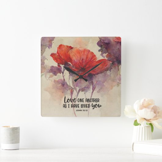 ヨハネ15:12互いに愛し合う聖書の聖句レッドフローラ スクエア壁時計 (ホーム)