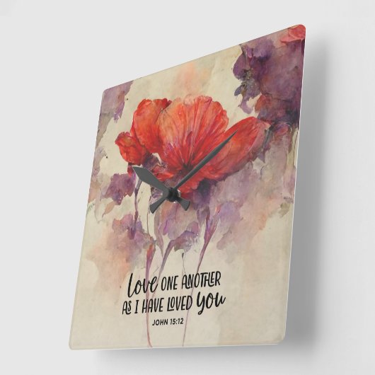 ヨハネ15:12互いに愛し合う聖書の聖句レッドフローラ スクエア壁時計 (傾斜)