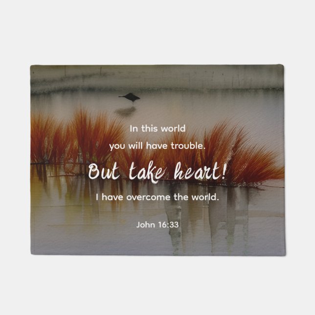 ヨハネ16:33わたしは聖書の聖句クリスチャンを克服した ドアマット (正面)