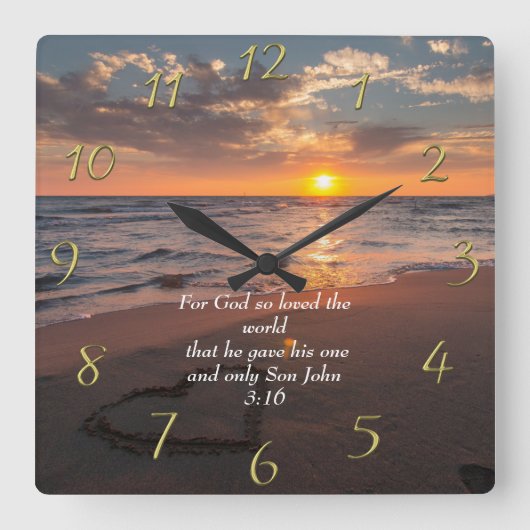 ヨハネ3:16キリスト教の信仰の海と夕日 スクエア壁時計 (正面)