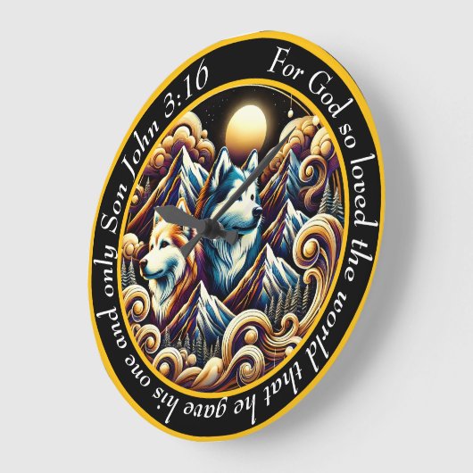 ヨハネ3:16キリスト教の信仰の海と夕日 ラージ壁時計 (傾斜)