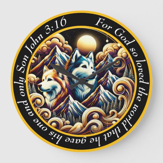 ヨハネ3:16キリスト教の信仰の海と夕日 ラージ壁時計 (正面)