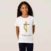 ヨハネ3:16キリスト教の金ゴールド十字架の贈り物 Tシャツ (正面フル)