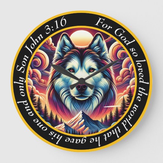 ヨハネ3:16キリスト教信仰ハスキー犬 ラージ壁時計 (正面)