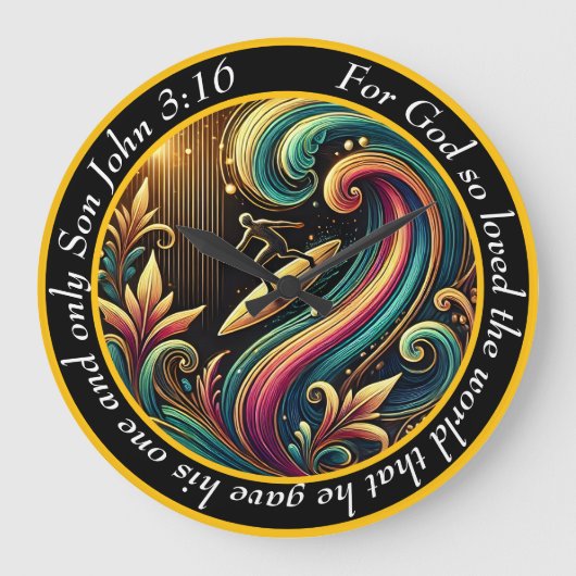 ヨハネ3:16クリスチャンのサーファーが壮大な波に乗る ラージ壁時計 (正面)