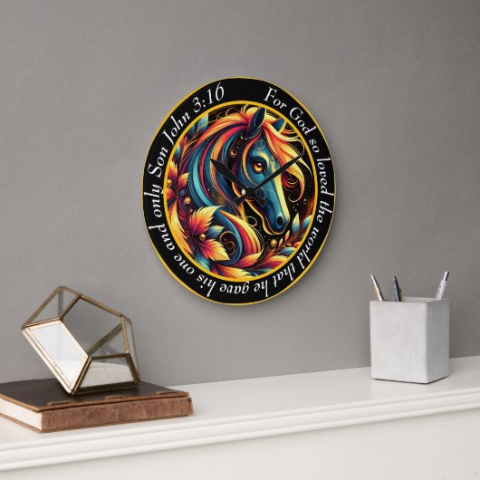 ヨハネ3:16クリスチャンの青と白の抽象芸術馬 ラージ壁時計 (オフィス)