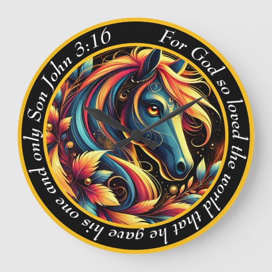 ヨハネ3:16クリスチャンの青と白の抽象芸術馬 ラージ壁時計 (正面)