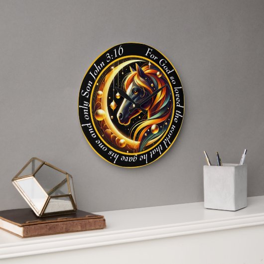 ヨハネ3:16クリスチャン黒白馬頭 ラージ壁時計 (オフィス)