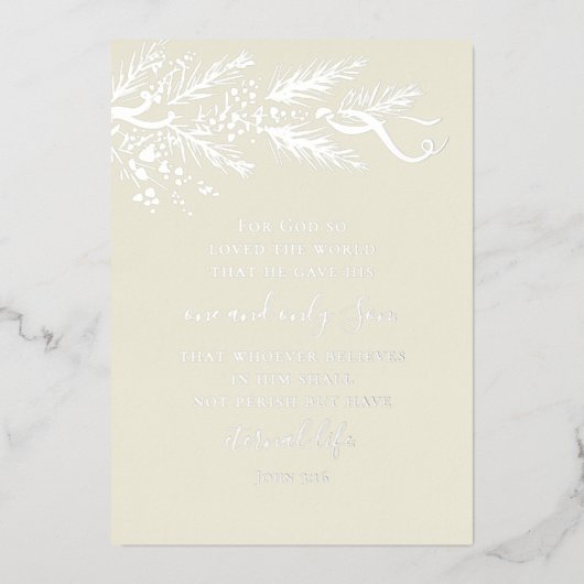 ヨハネ3:16パインモダンフォトクリスチャンのクリスマス 箔シーズンカード (正面)
