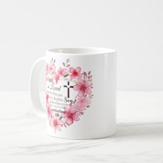 ヨハネ3:16フローラハート聖句 コーヒーマグカップ (正面左)