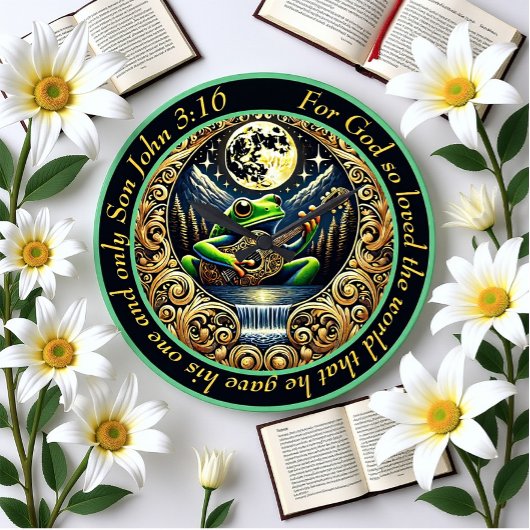 ヨハネ3:16月の下でカエルの光をギターで鳴らす ラージ壁時計