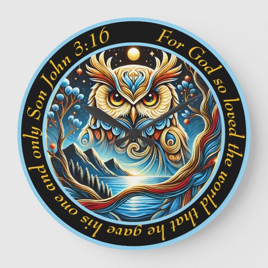 ヨハネ3:16神のための黄金のフクロウ素晴らしは ラージ壁時計 (正面)