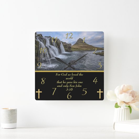 ヨハネ3:16神はとても愛された スクエア壁時計 (ホーム)