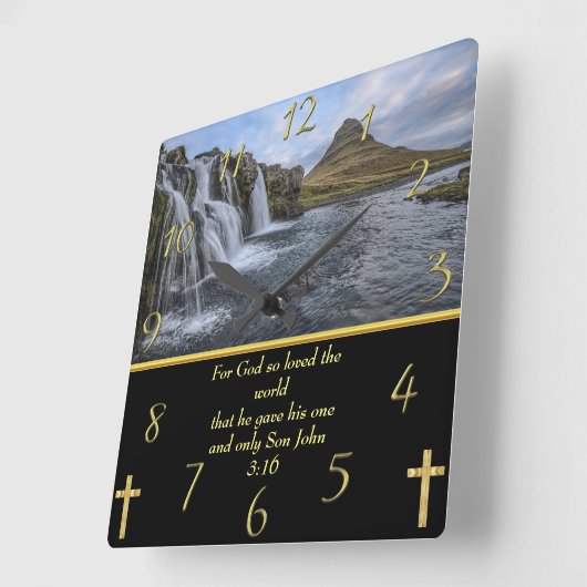 ヨハネ3:16神はとても愛された スクエア壁時計 (傾斜)