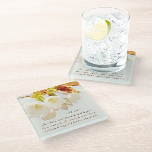 ヨハネ3:16神は世を愛し、聖なる書物、 経典 ガラスコースター (アングル)