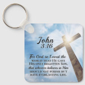 ヨハネ3:16神は世界の木十字架を愛した キーホルダー (正面)