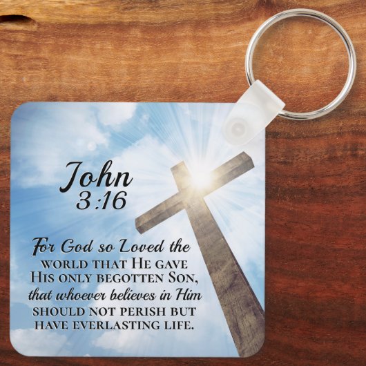 ヨハネ3:16神は世界の木十字架を愛した キーホルダー (裏面)