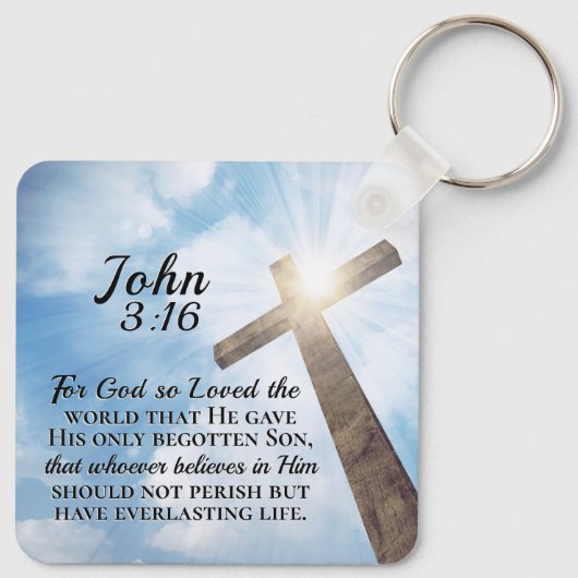 ヨハネ3:16神は世界の木十字架を愛した キーホルダー (裏面)