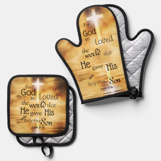 ヨハネ3:16神は世界の聖句を愛した 鍋つかみ&鍋敷きセット (正面/裏面)