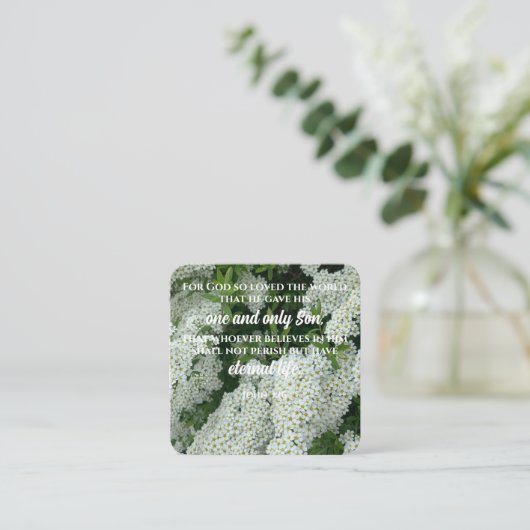 ヨハネ3:16聖なる書物、 経典カード花写真カスタム文字 スクエア名刺 (スタンド正面)