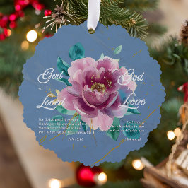ヨハネ3 16聖書聖句ブルーピンクフローラクリスチャン オーナメントカード