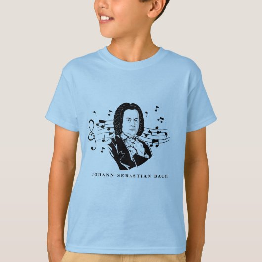 ヨハン・セバスチャン・バッハの肖像と音符付き胸像 Tシャツ (正面)