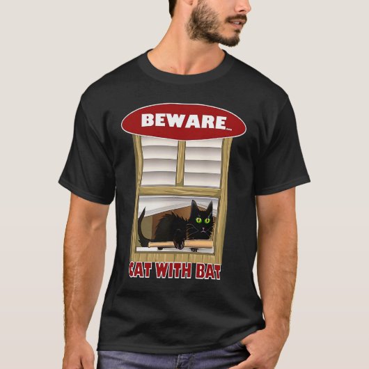 ヨラティーズによるバットを持つ猫に注意 Tシャツ (正面)