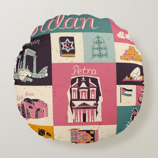 ヨルダン文化レトロ図解入りの、写真付きの記号 ラウンドクッション (正面)