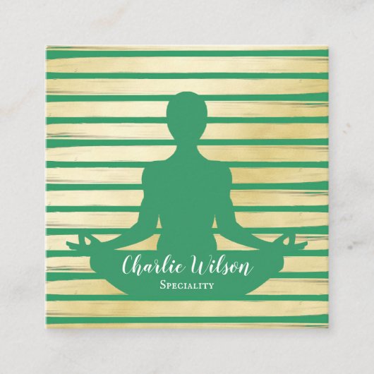 ヨーガエレガントグリーンターコイズ金ゴールド絵を描 ストライプの スクエア名刺 (正面)