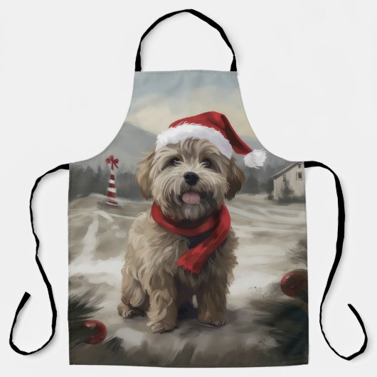 ヨーキプーの犬と雪のクリスマス エプロン (正面)