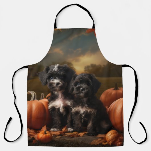 ヨーキプー子犬の秋の喜びカボチャ エプロン (正面)
