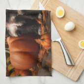 ヨーキプー子犬の秋の喜びカボチャ キッチンタオル (四つ折り)