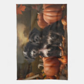 ヨーキプー子犬の秋の喜びカボチャ キッチンタオル (縦)