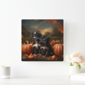 ヨーキプー子犬の秋の喜びカボチャ スクエア壁時計 (ホーム)