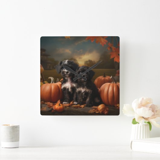 ヨーキプー子犬の秋の喜びカボチャ スクエア壁時計 (ホーム)