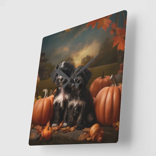 ヨーキプー子犬の秋の喜びカボチャ スクエア壁時計 (傾斜)