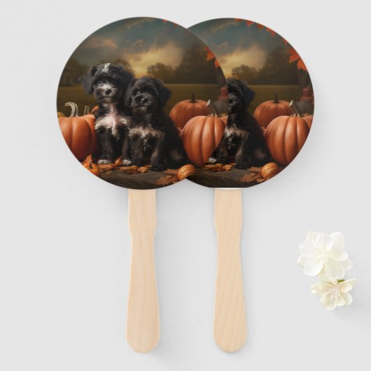 ヨーキプー子犬の秋の喜びカボチャ ハンドファン (正面&裏面)