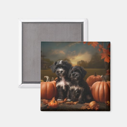 ヨーキプー子犬の秋の喜びカボチャ マグネット (正面/裏面)