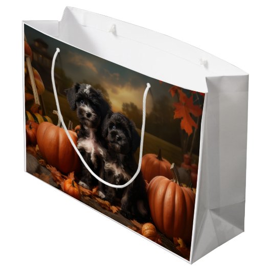 ヨーキプー子犬の秋の喜びカボチャ ラージペーパーバッグ (裏面アングル)
