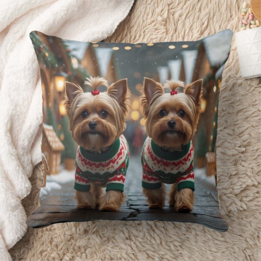 ヨーキプー犬のクリスマススノーお祝い クッション (ブランケット)