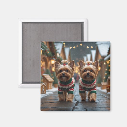 ヨーキプー犬のクリスマススノー ホリデー マグネット (正面/裏面)
