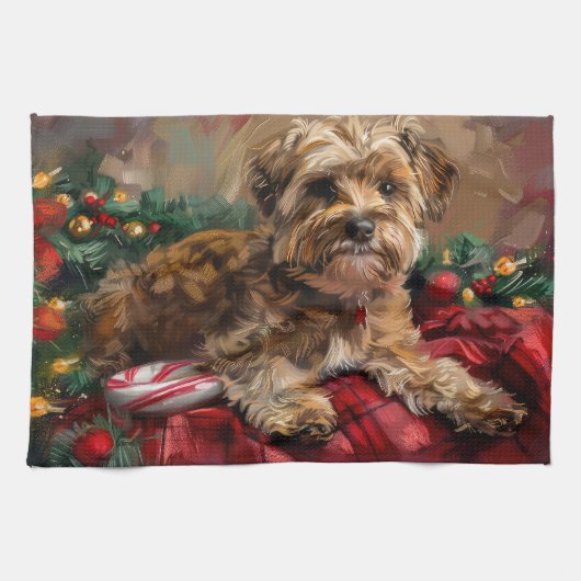 ヨーキプー犬のクリスマス キッチンタオル (横)