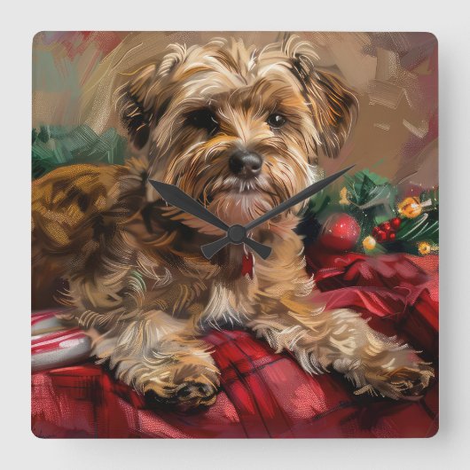 ヨーキプー犬のクリスマス スクエア壁時計 (正面)