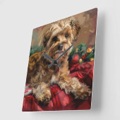ヨーキプー犬のクリスマス スクエア壁時計 (傾斜)