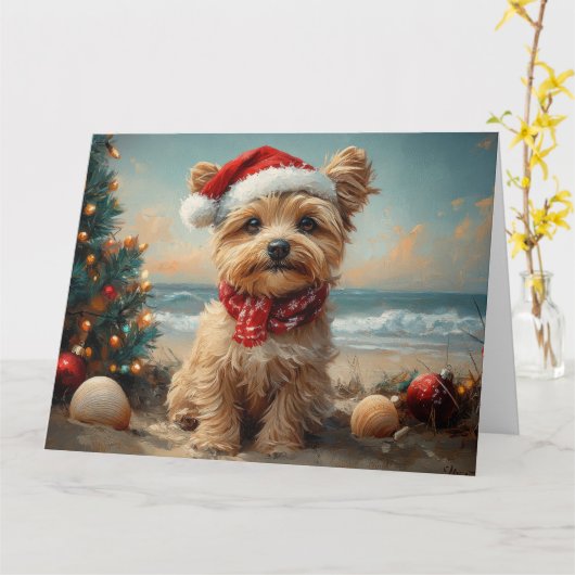 ヨーキプー 犬 クリスマス ヴィンテージ ビーチ カード (黄色い花)