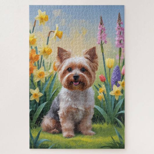 ヨーキプー 犬 春の花 絵画 ジグソーパズル (縦)