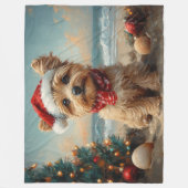 ヨーキポドッグクリスマスヴィンテージビーチ フリースブランケット (正面)